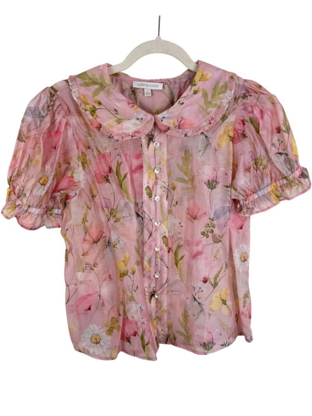 Lucky & Coco Pink Floral Peter Pan Collar Blouse Short Puff Sleeve Cottagecore S